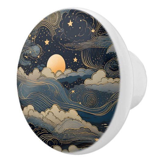 Blauwe hemel sterren maan retro keramische knop (Rechts)