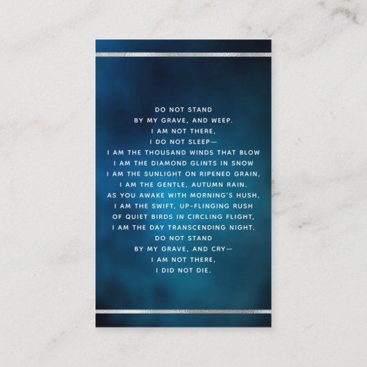 Blauwe hemel wit aangepaste foto begrafenis gebeds visitekaartje (Achterkant)