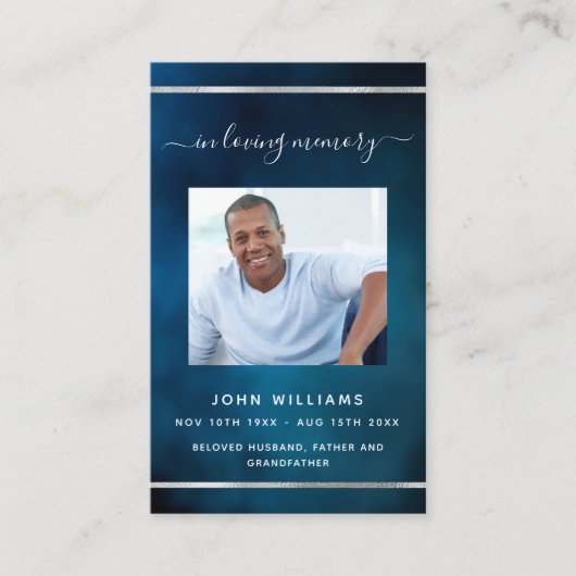 Blauwe hemel wit aangepaste foto begrafenis gebeds visitekaartje (Voorkant)