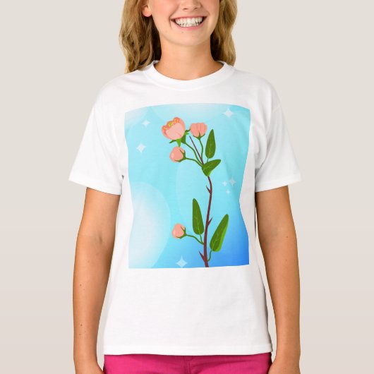 Blauwe hemelgradiënt met bloeiende veertak t-shirt (Voorkant)