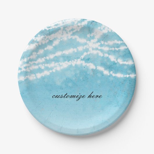 Blauwe Hemelse Slingerlichten Rustieke Bruiloftsfe Papieren Bordje (Voorkant)