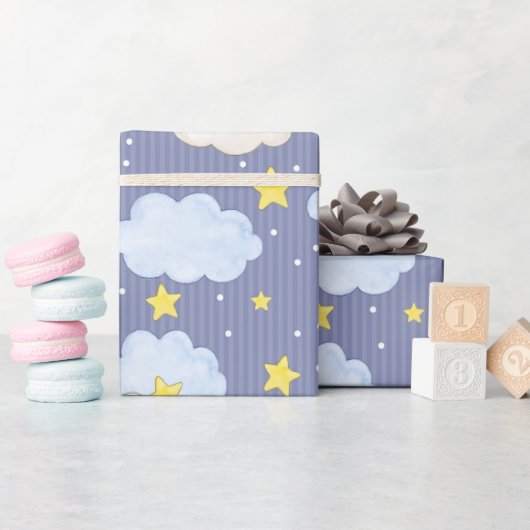  Blauwe Hemelse Sterren En Wolken  Cadeaupapier (Baby Shower)