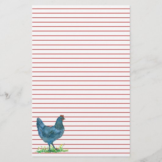 Blauwe Hen Kip Waterverf Rode Lijnen Briefpapier (Voorkant)
