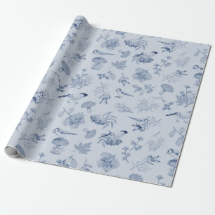 Blauwe Herfst Bladeren Bessen Vogels  Botanisch Cadeaupapier