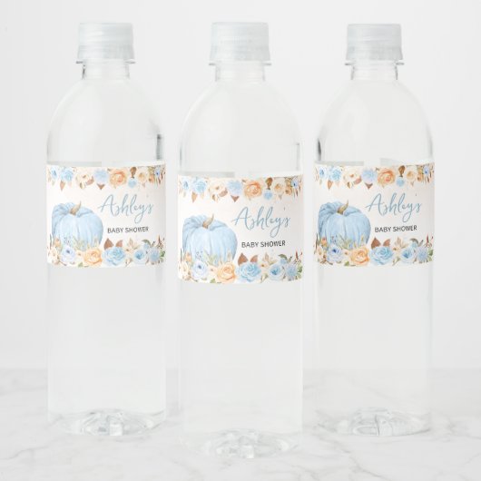 Blauwe Herfst Floral Pumpkin Baby shower Waterfles Etiket (Flessen)