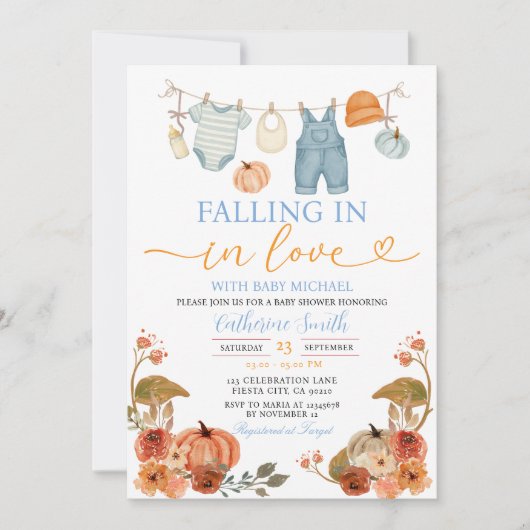 Blauwe Herfst Pompoen Babykleding Baby shower Kaart (Voorkant)