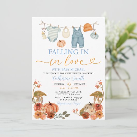 Blauwe Herfst Pompoen Babykleding Baby shower Kaart (Staand voorkant)