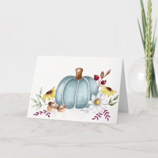 Blauwe herfst pompoen blanco Thanksgiving kaart (Voorkant)