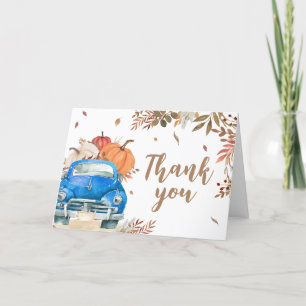 Blauwe Herfst pompoen Truck Baby shower Bedankkaart