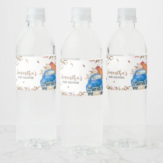 Blauwe Herfst pompoen Truck Baby shower Waterfles Etiket (Flessen)