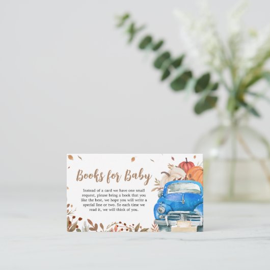 Blauwe Herfst Pompoen Vrachtwagen Baby shower Boek Informatiekaartje (Staand voorkant)