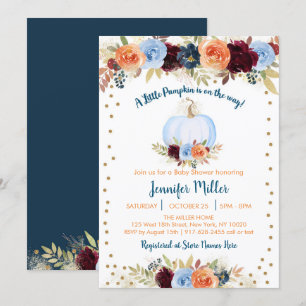 Blauwe Herfst Pumpkin Floral Baby shower Kaart