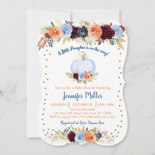 Blauwe Herfst Pumpkin Floral Baby shower Kaart (Voorkant)