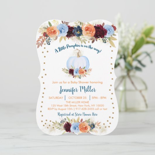 Blauwe Herfst Pumpkin Floral Baby shower Kaart (Staand voorkant)