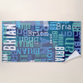 Blauwe herhalende namen strandlaken (Voorkant)