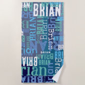 Blauwe herhalende namen strandlaken (Voorkant)