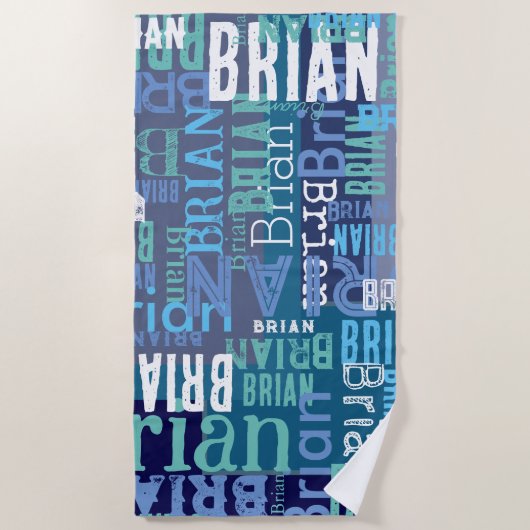 Blauwe herhalende namen strandlaken (Voorkant)