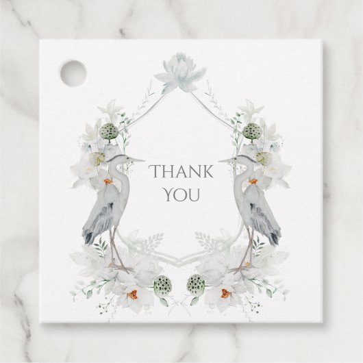 Blauwe Heron Watervogels Witte Bloemen Etherische  Bedankjes Labels (Voorkant)