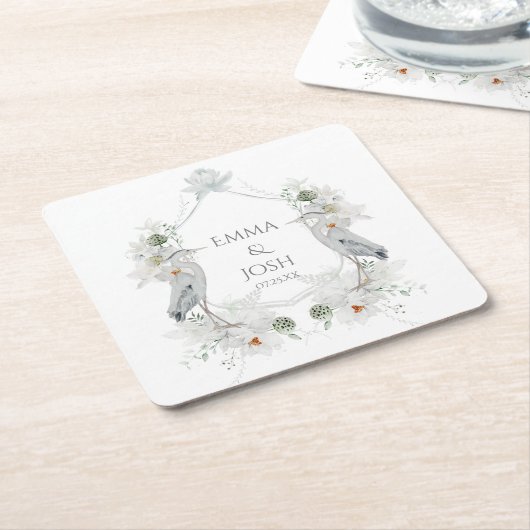 Blauwe Heron Watervogels Witte Bloemen Etherische Kartonnen Onderzetters (Schuin)