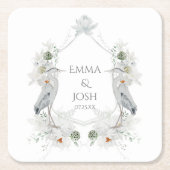 Blauwe Heron Watervogels Witte Bloemen Etherische Kartonnen Onderzetters (Voorkant)