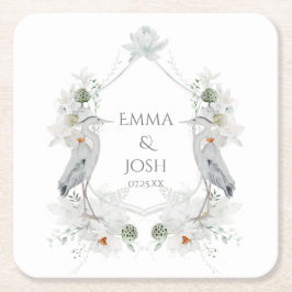 Blauwe Heron Watervogels Witte Bloemen Etherische  Kartonnen Onderzetters