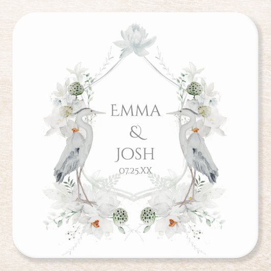 Blauwe Heron Watervogels Witte Bloemen Etherische Kartonnen Onderzetters (Voorkant)