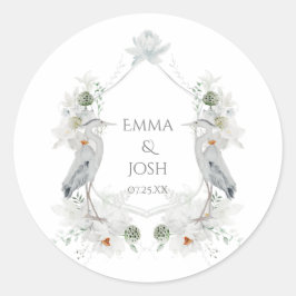Blauwe Heron Watervogels Witte Bloemen Etherische  Ronde Sticker