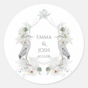 Blauwe Heron Watervogels Witte Bloemen Etherische Ronde Sticker