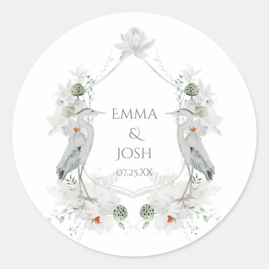 Blauwe Heron Watervogels Witte Bloemen Etherische  Ronde Sticker (Voorkant)