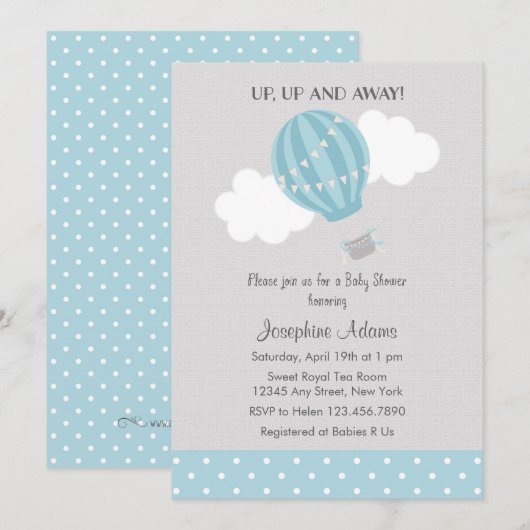 Blauwe Hete Luchtballon Baby shower Invitation Kaart (Voorkant / Achterkant)