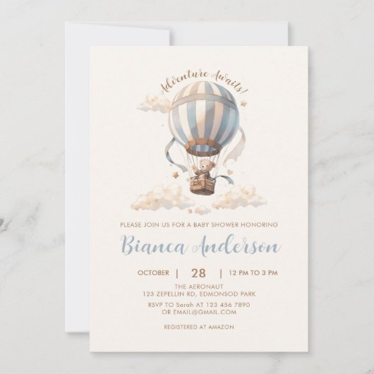 Blauwe Hete Luchtballon Baby shower Invitation Kaart (Voorkant)