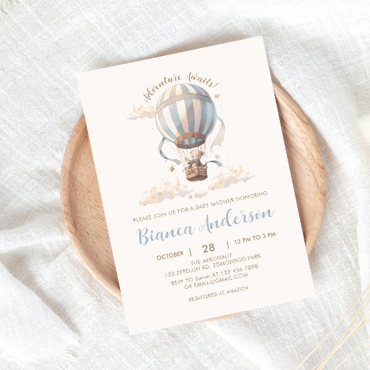 Blauwe Hete Luchtballon Baby shower Invitation Kaart