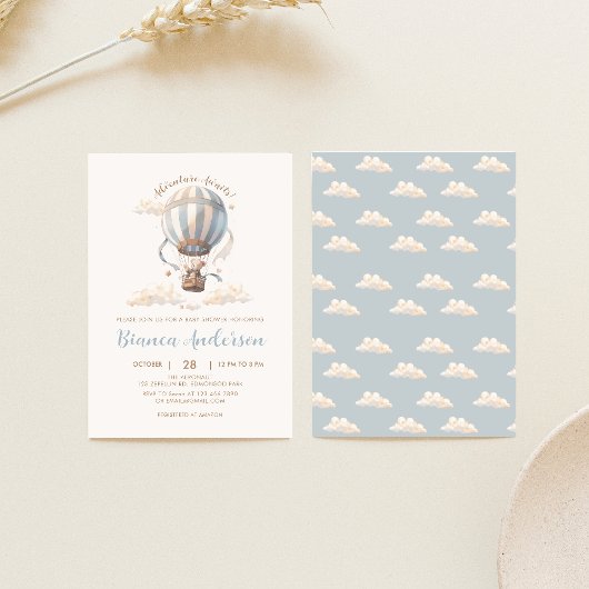 Blauwe Hete Luchtballon Baby shower Invitation Kaart