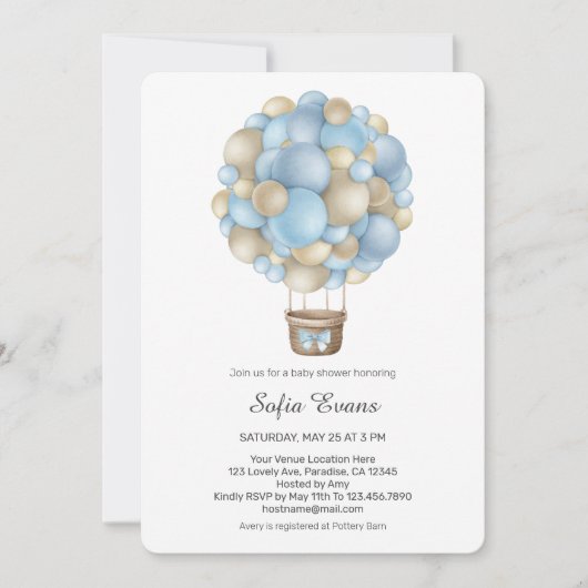Blauwe Hete Luchtballon Baby shower Invitation Kaart (Voorkant)