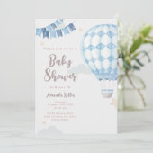 Blauwe hete luchtballon baby shower uitnodiging (Staand voorkant)