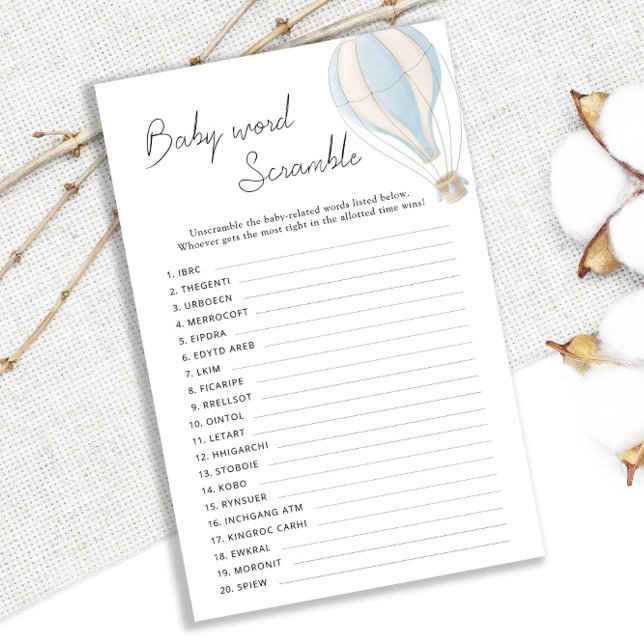 Blauwe Hete Luchtballon Baby shower Word Scramble (Creator heeft geüpload)