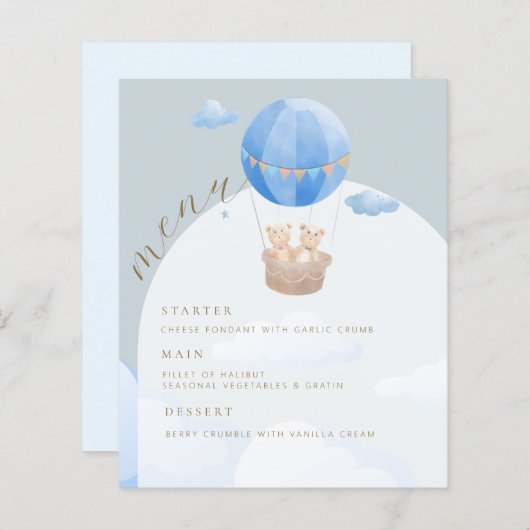 Blauwe Hete Luchtballon Beer Boog Baby shower Menu (Voorkant / Achterkant)