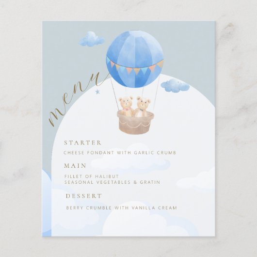 Blauwe Hete Luchtballon Beer Boog Baby shower Menu (Voorkant)