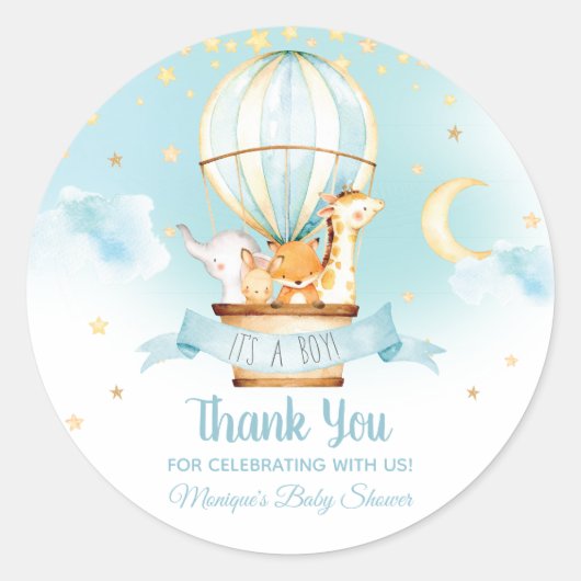 Blauwe Hete Luchtballon Dieren Baby shower Gunsten Ronde Sticker (Voorkant)