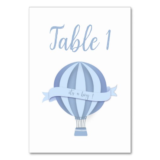 Blauwe Hete Luchtballon Jongen Baby shower Tafelnu Kaart (Voorkant)
