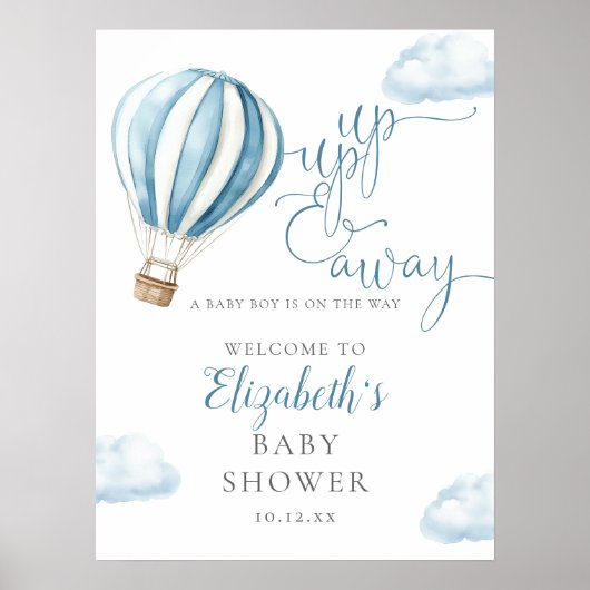 Blauwe Hete Luchtballon Jongen Baby shower Welkoms Poster (Voorkant)