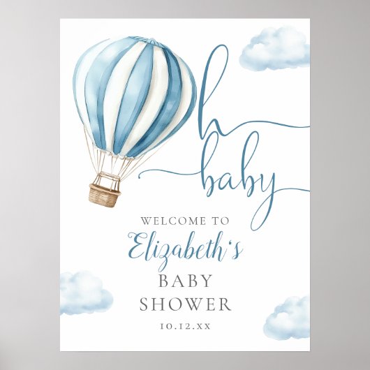 Blauwe Hete Luchtballon Jongen Baby shower Welkoms Poster (Voorkant)