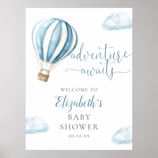 Blauwe Hete Luchtballon Jongen Baby shower Welkoms Poster (Voorkant)