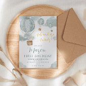 Blauwe Hete Luchtballon Jongen Eerste Verjaardag Kaart