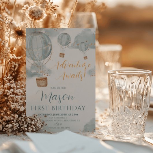 Blauwe Hete Luchtballon Jongen Eerste Verjaardag Kaart