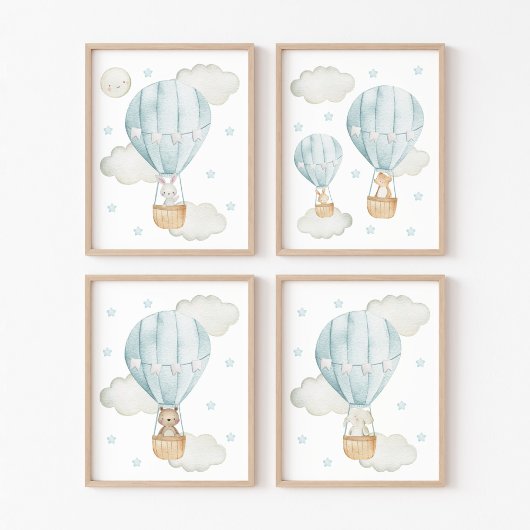 Blauwe hete luchtballon, Leuke dieren, Jongenskwek Muurkunst Sets