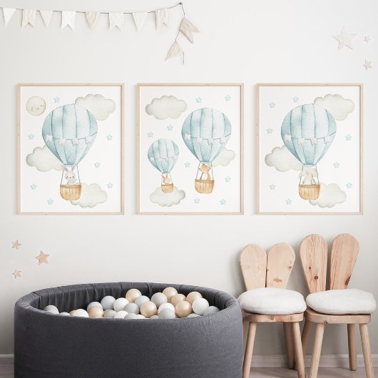 Blauwe hete luchtballon, Leuke dieren, Jongenskwek Muurkunst Sets