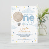 Blauwe Hete Luchtballon Mr. Onederful 1e Verjaarda Kaart (Staand voorkant)