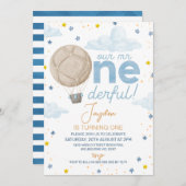 Blauwe Hete Luchtballon Mr. Onederful 1e Verjaarda Kaart (Voorkant / Achterkant)