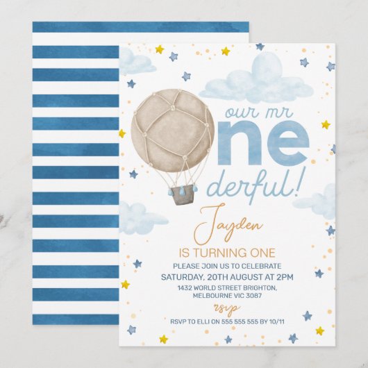 Blauwe Hete Luchtballon Mr. Onederful 1e Verjaarda Kaart (Voorkant / Achterkant)